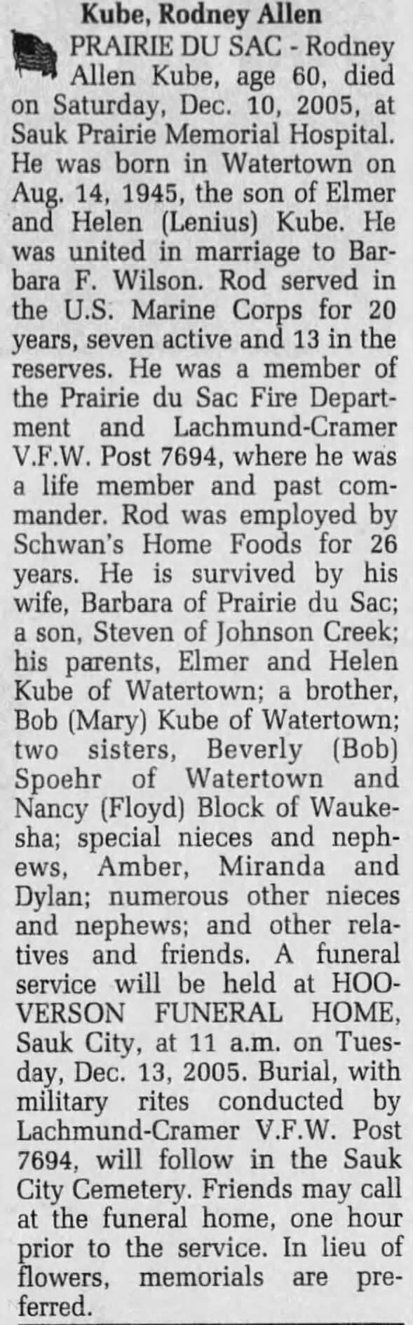 Obituary for Rodney Allen Kube, 1945-2005 (Aged 60)